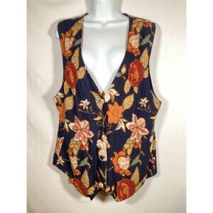 THEO VIntage Beaded Vest Navy Floral Large Boho Lagenlook Cottagecore Grandma